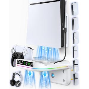 PS5 Wall Mount Kit with Cooling Fan and Charging Station Compatible with PS5/ Slim/Pro Disc and Digital, PS Five Floating Shelf with 9 RGB Lights, PS 5 Mount Behind TV, PS 5 Accessories for Gaming