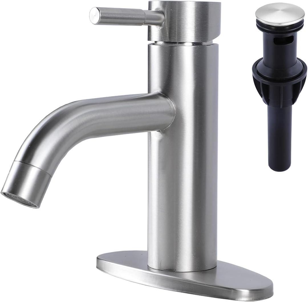 Brushed Nickel Bathroom Faucet, Single Hole Bath Sink Faucet with Pop-up Drain, Suitable for 1 or 3 Hole Installation, Single Handle for Bathroom Sink, RV and Vanity