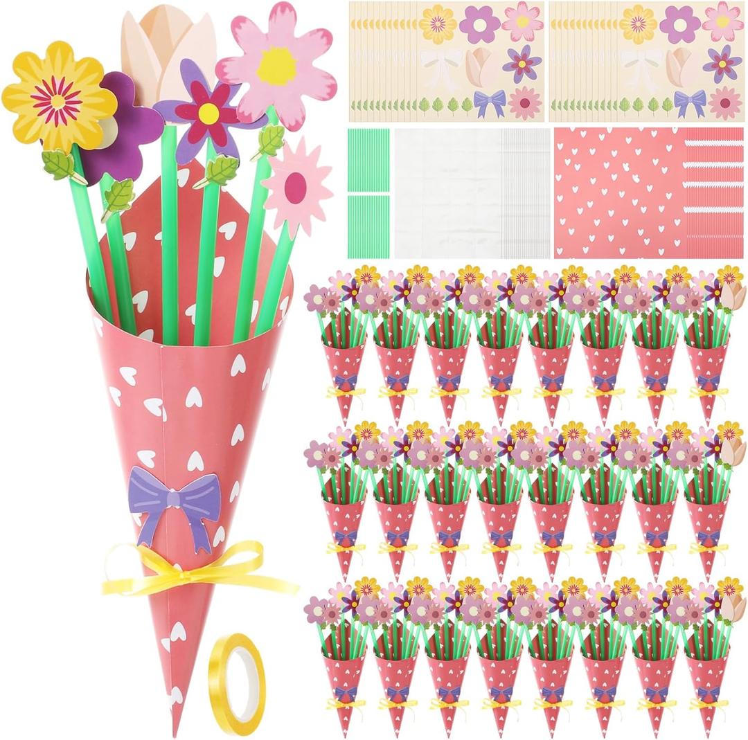 Motipuns 24 Sets Mother's Day DIY Paper Flower Bouquet Craft Kit Bulk for Kids Make Your Own Flower Bouquet DIY Craft School Classroom Teacher Gift Appreciation Gifts (Stylish Color,Daisy)