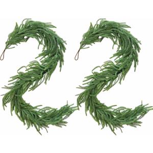 Treasborn 2Pcs Norfolk Pine Garlands 6FT Realistic Xmas Garland Christmas Decorations Indoor Outdoor, Artificial Green Garland Winter Decor for Mantle, Fireplace, Table Soft Real Touch