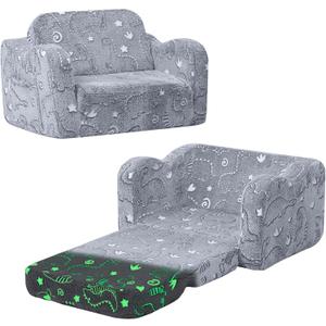 MeMoreCool Glow-in-the-Dark Dinosaur Kids Couch, 2-in-1 Foldable Kids Couch and Sofa Chair for Playroom Nursery, Soft Foam Fold Out Lounger for Boys Ages 1-3, Washable Cover, Gray | Reading, Lounging, 16.5"D x 25.6"W x 15.7"H