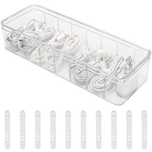Wiwaplex Cable Organizer Storage Box Plastic Cable Cord Management Box Power Cord Organizer Case with 10Pcs Rubber Ties for Office, Home, Desk Accessories Storage Stationery Supplies
