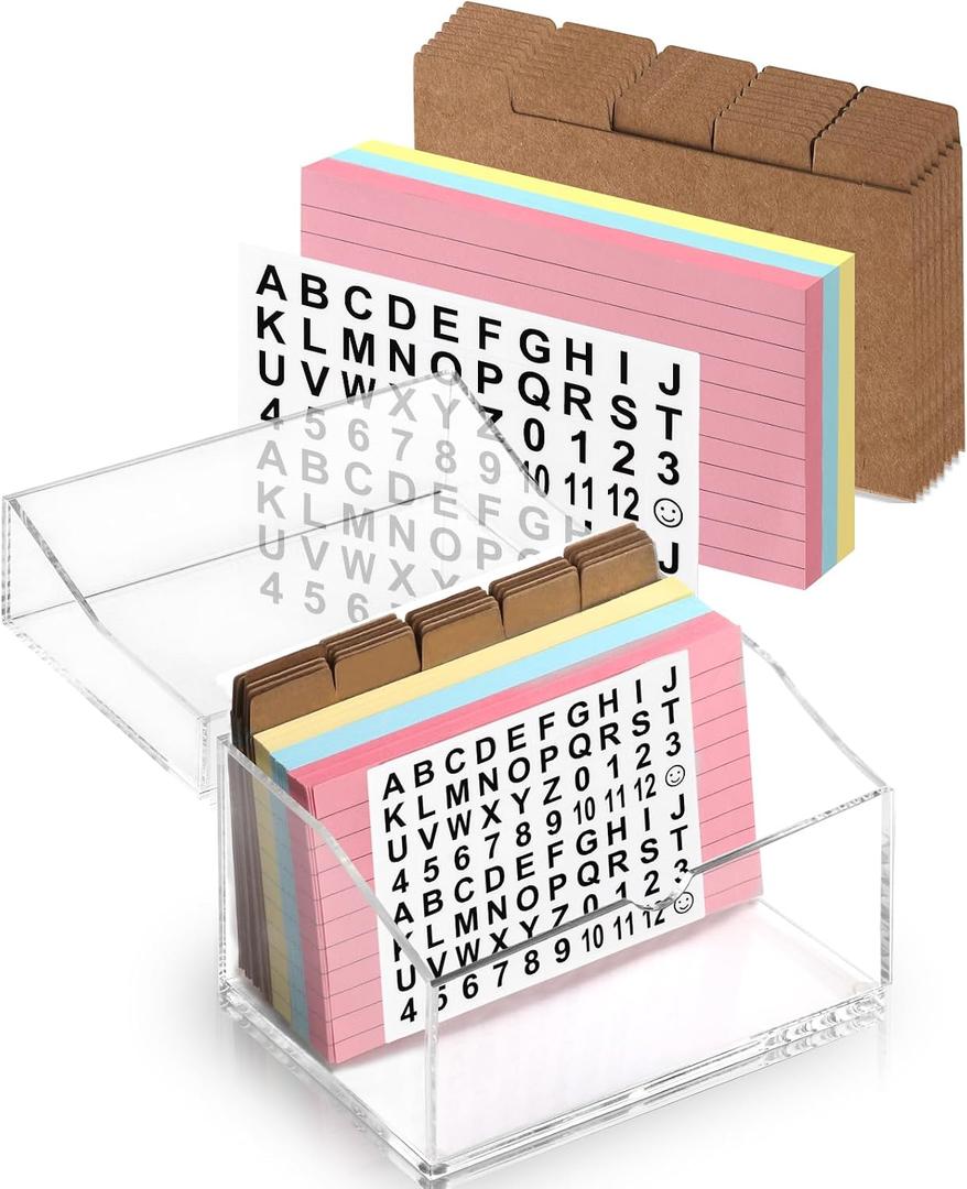 3 x 5 Inch Acrylic Index Card Holder Clear Flash Card Holder Recipe Card Box 150 Pcs Ruled Lined Index Cards 30 Pcs Kraft Dividers A to Z Stickers For Holds 400 A-Z Tabs Note Cards Business Cards