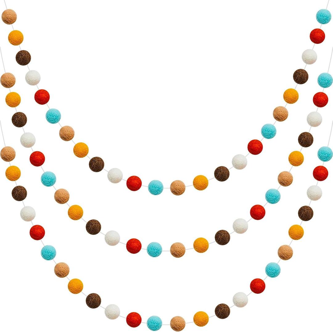 WILLBOND 3 Pieces Wool Felt Rainbow Ball Garland Colorful Pom Pom 6.5 ft Long 24 Ball Garland for Easter Mardi Gras Classroom Halloween Thanksgiving Xmas (Fancy Colors)