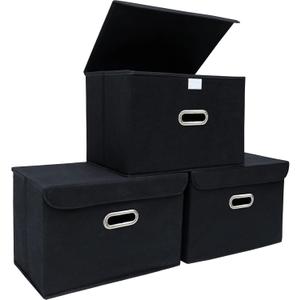 STOREONE Fabric Storage Cube Bins Foldable Organizer Container Collapsible Basket with Lids and Metal Handles, for Home, Bedroom, Closet (Black, 3 Pcs), 14.9"x 9.8"x 9.8" (L x W x H)