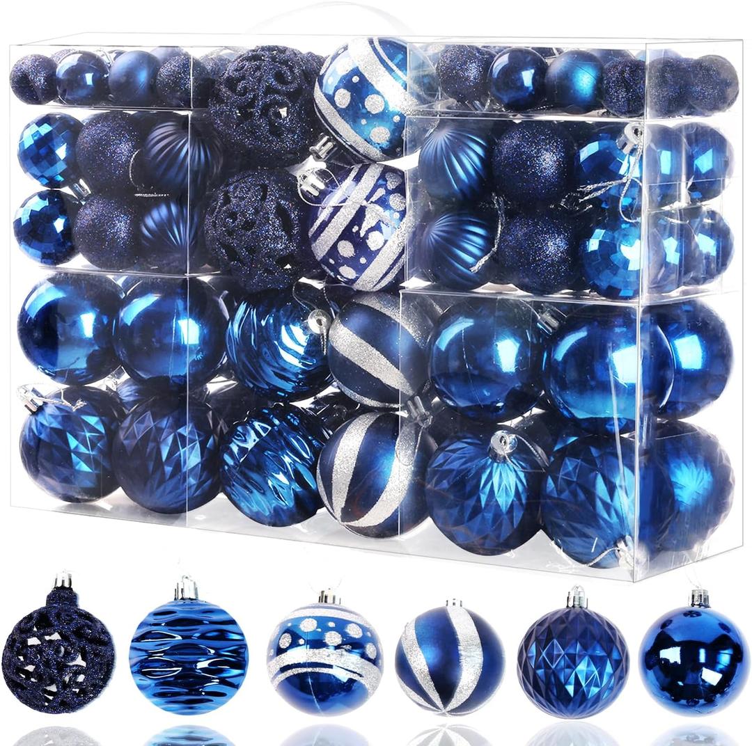 100PCS Christmas Ball Ornaments, Assorted Shatterproof Christmas Tree Decorations, Seasonal Decorative Hanging Baubles Decor Set for Xmas/Holiday/Party, Glitter&Painting Ornament Set (Navy Silver)