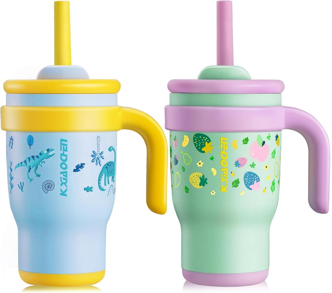 KXIAOCHEN Toddler Tumbler 2-Pack, 14 oz Spill-Proof Straw Cups with Handles | 18/8 stainless steel, BPA-free, silicone base, cupholder friendly, keeps cold 24 hours for kids at home, daycare or travel