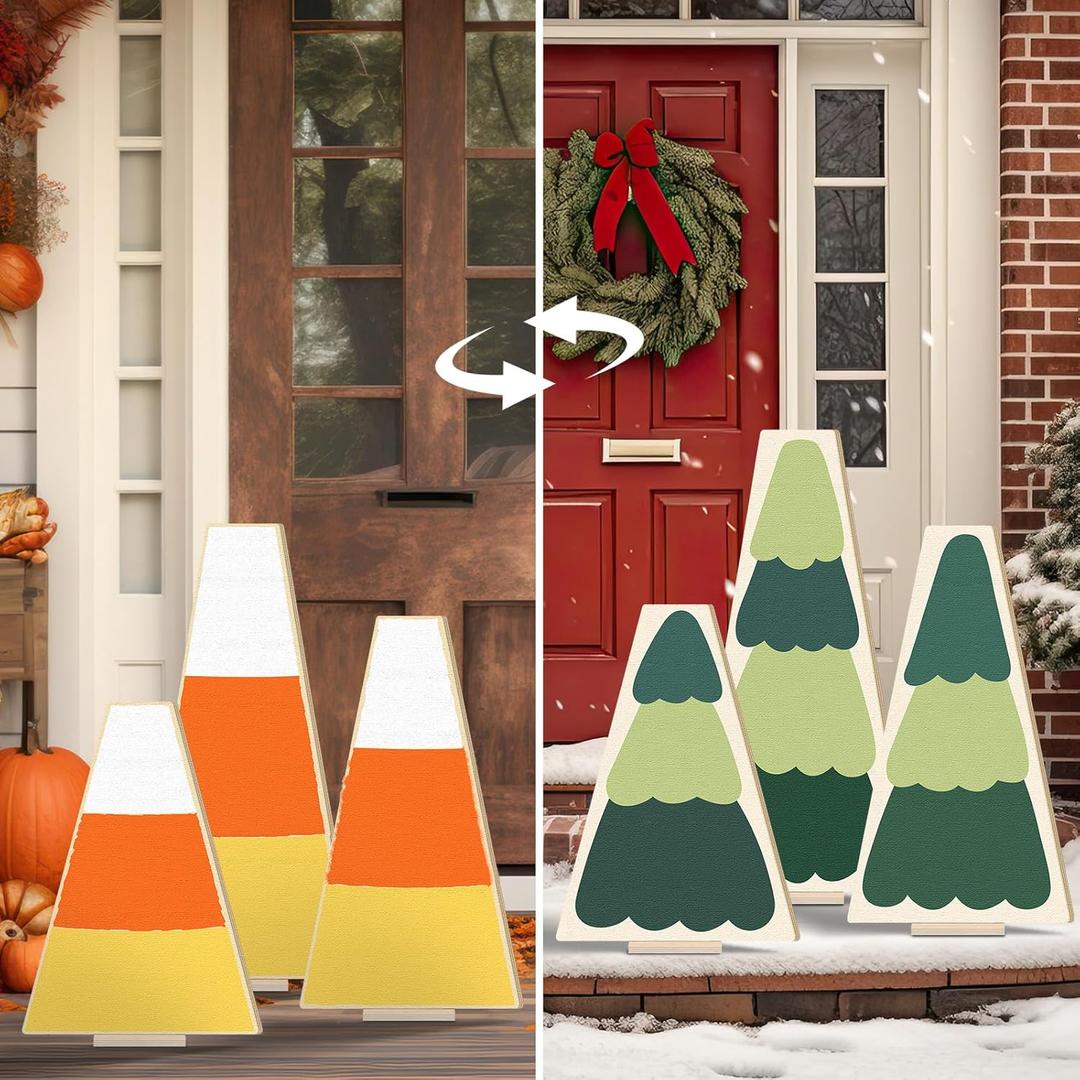 Meooeck 3 Pcs Two Sided Christmas Fall Wood Porch Sign for Front Door Large Standing Christmas Porch Sign for Home Front Door Yard Outdoor Party Decor