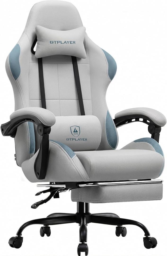 GTPLAYER Gaming Chair Fabric with Pocket Spring Cushion,Computer Office Chair with Lumbar Support for Adults Linkage Armrests and Footrest Ergonomic Gamings Chairs Height Adjustable Gray
