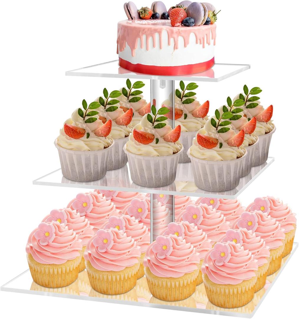 YestBuy 3 Tier Cupcake Stand, Clear Cupcake Display Stand, Acrylic Cupcake Tower for 24 Cupcakes, Premium Cupcake Dessert Muffin Holder for Pastry Wedding Birthday Party Baby Shower
