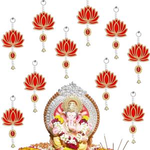 10 Pcs Lotus Decorations for Pooja Diwali Floral Wall Hanging Garlands for Temple Decor Indian Pooja Wood Decoration Back Dropper Showpiece for Diwali Home Wall Room Decor(Bell Style)