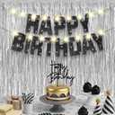 KatchOn, Black and Silver Birthday Decorations Set - Pack of 5 | Glitter Happy Birthday Banner, Silver Backdrop, Led Light, Cake Topper | Happy Birthday Decorations for Men, Women, Girls and Boys