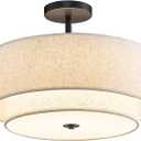 16" Semi Flush Mount Ceiling Light,3-Light Double Drum Black Light Fixtures Modern Farmhouse 2-Tier Linen Shade Design for Bedroom, Living Room, Kitchen, Dining Room, Entryway and Hallway