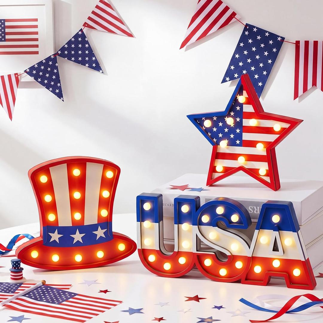 Novabright 3 Pcs 4th of July Decorations Patriotic Decorations Light up Three Sizes Wooden Sign with LED Lights, 250th Anniversary Independence Day Decor for Home Mantel Fireplace Table Party