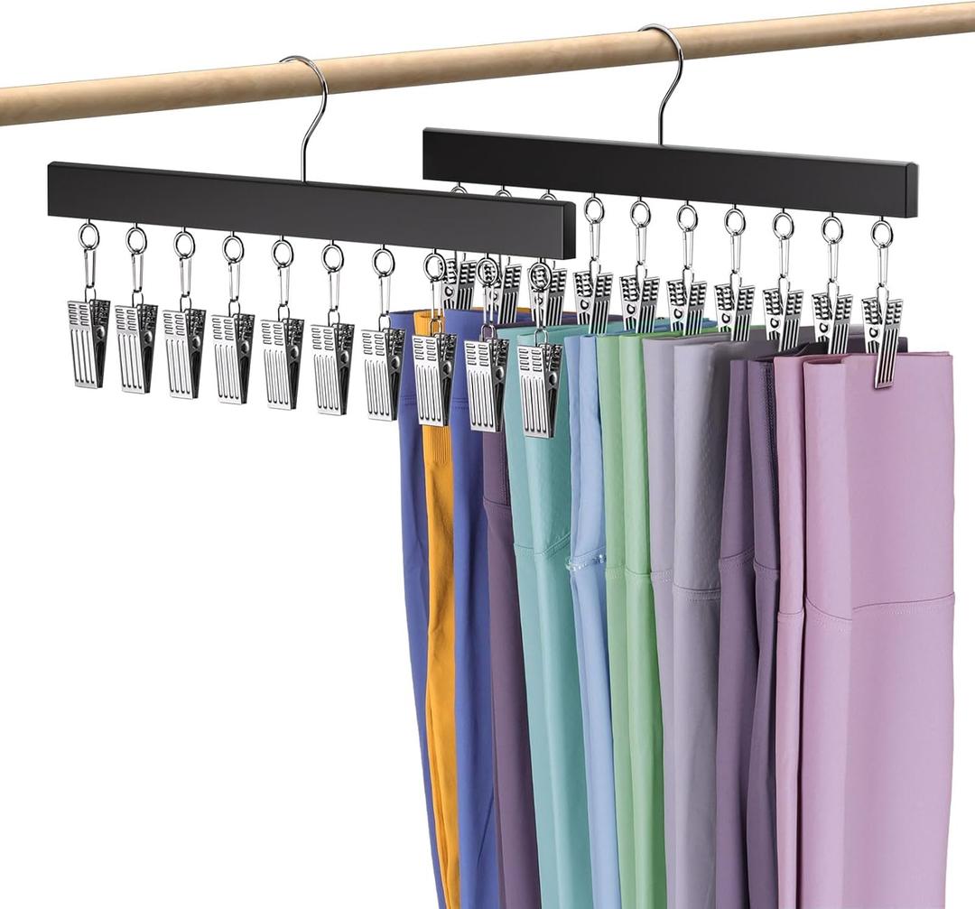 Leggings Organizer for Closet Hanging, 2 Packs Wooden Pants Hangers Hold Up to 20 Shorts, 360 Swivel Space Saving Closet Hanging Organizer for Hats, Underpants, Scarfs, Black
