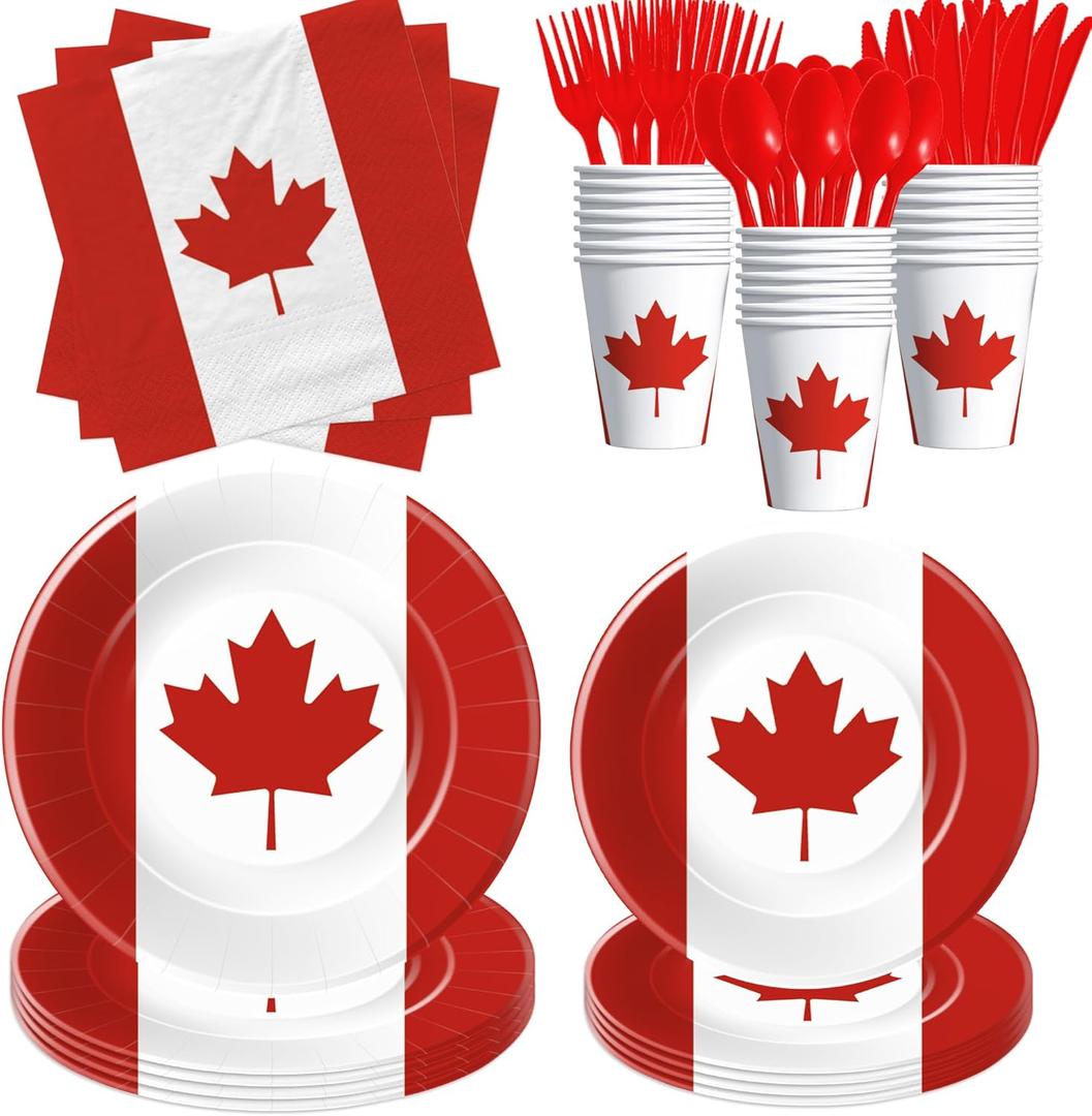 Canada Party Decorations Tableware - Disposable Canadian Flag Party Supplies, Paper Plate, Napkin, Cup, Cutlery, Canada Birthday Party Plates And Napkins Decorations Dinnerware | 24 Guests