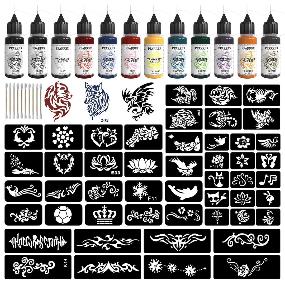 PFARRER Temporary Tattoo Kit12 Bottles Color Temporary Tattoo Ink,49 Big Pcs Stencils Kit for Body Paint DIY Fake Tattoos for Kids(Black*2,Red,Green,Blue,Pink,Grey,Navy,Yellow,Purple,Brown,Orange)
