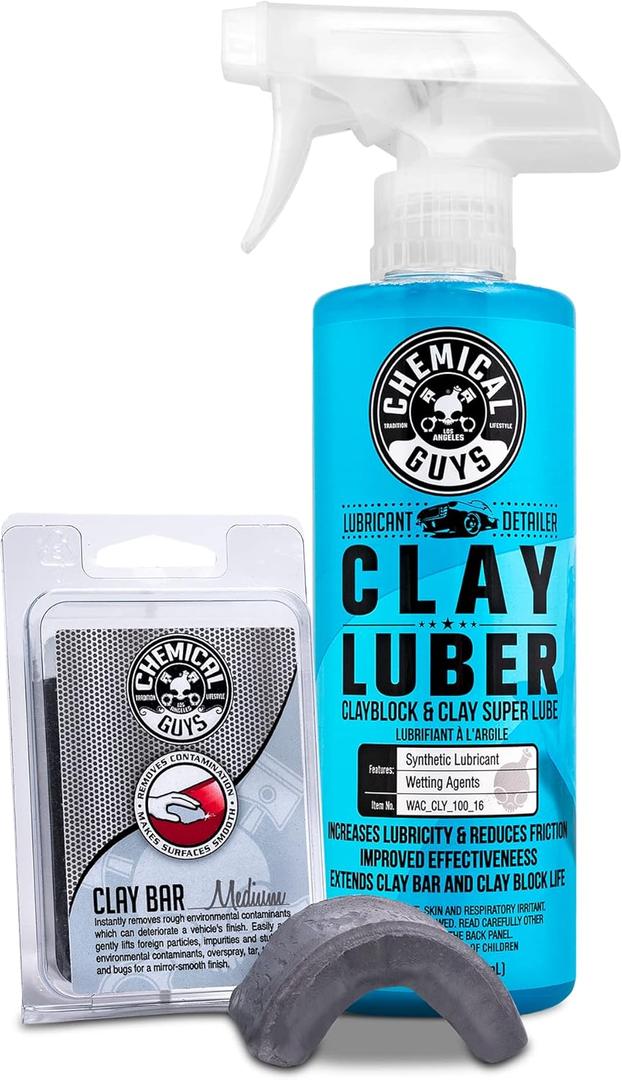 Chemical Guys Clay Bar Kit, Medium Duty with Luber Synthetic Lubricant Removes Embedded Dirt, Restores Smooth Paint, Preps for Wax and Sealant - Safe for Cars, Trucks, SUVs, 16 oz, 2 Items