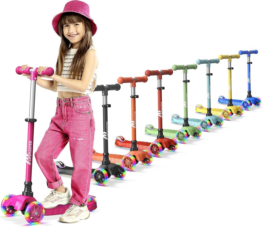 Lifemaster Mini 3-Wheel Kids Scooter with Multi-Color Wheel Lights  4-Height Adjustable Handlebar, Wide Anti-Slip Deck, Child Safety Certified, Boys & Girls Ages 2+ Supports Up to 110 lbs (Pink)