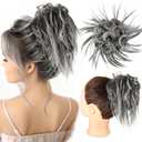 HMD Tousled Updo Messy Bun Hair Piece Hair Extension Ponytail With Elastic Rubber Band Updo Bun Synthetic Hairpieces for Women (Gray and White Tips)
