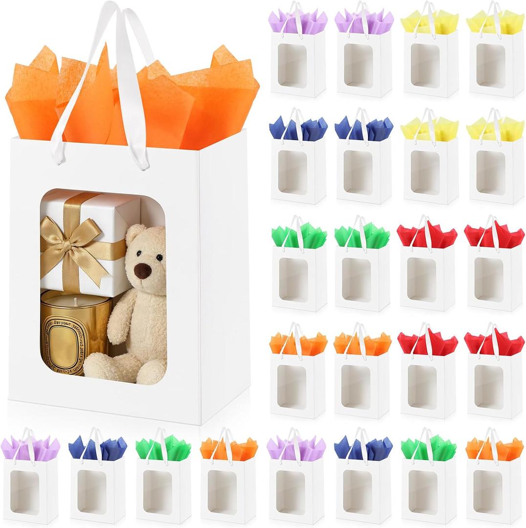 Ethhqu 24-Pack White Kraft Gift Bags with Clear Window and Handles, Includes 48 Tissue Paper, 9.8x7x5.1 Inches for Birthday Party, Baby Showers, Weddings,Valentine's Day, Easter (White Gift Bags with Window, 24Pcs), 1 count