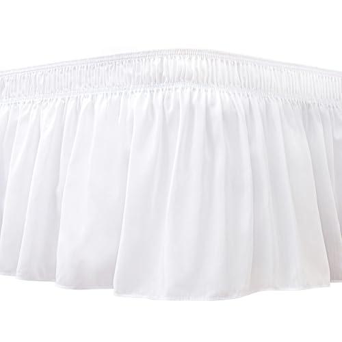 Biscaynebay Wrap Around Bed Skirts for Queen Size Beds with 18" Long Drop, White Adjustable Elastic Dust Ruffles Easy Fit Wrinkle & Fade Resistant Silky Luxurious Fabric Machine Washable