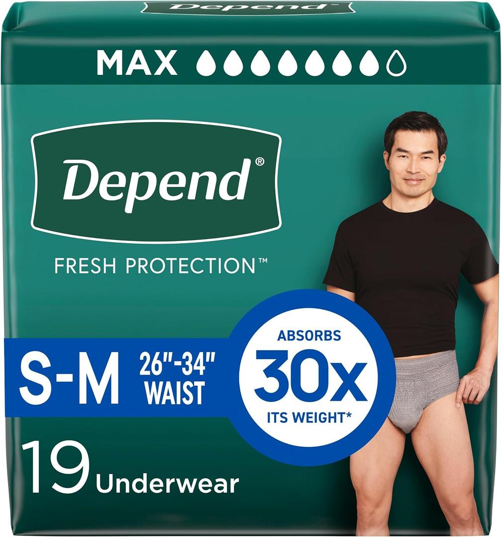 Depend Fresh Protection Adult Diapers, Incontinence Underwear for Men, Disposable, Maximum, Small/Medium, Grey, 19 Count, Packaging May Vary