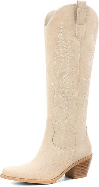 Pasuot Western Cowboy Boots for Women - Knee High Wide Calf Cowgirl Boots, Slip On Pointed Toe Chunky Heel Fashion Retro Classic Pull On Tall Boot for ladies Party concert Size 6