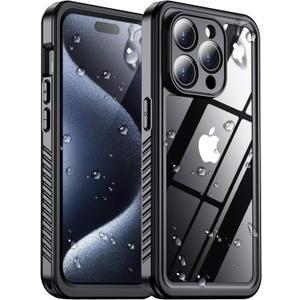 2025 New Designed for iPhone 15 Pro Case Waterproof, [Military Grade Shockproof][Glass Camera Protector & Built-in Screen Protector][IP68 Underwater][Dustproof][Dropproof] Full Phone Case 6.1" (Black/Clear)