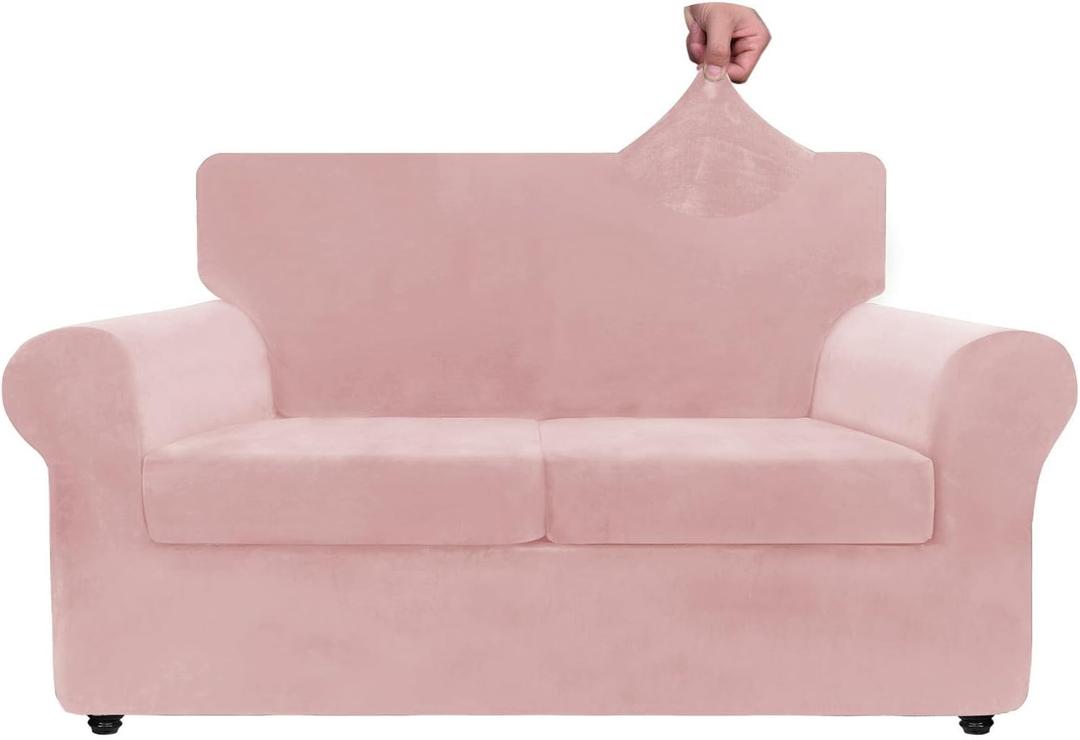 ZNSAYOTX Luxury Velvet Sofa Cover 3 Piece (57"-70") Stretch Loveseat Covers for 2 Cushion Couch Thick Soft Couch Slipcover with Non Slip Strap, Dog Pet Friendly Nice Furniture Protector (Rose)