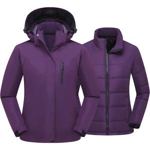 Women's 3 in 1 Ski Jacket Mountain Waterproof Windproof Winter Snow Coat Hike Snowboarding Jackets Hooded Warm Raincoat (Purple, M)