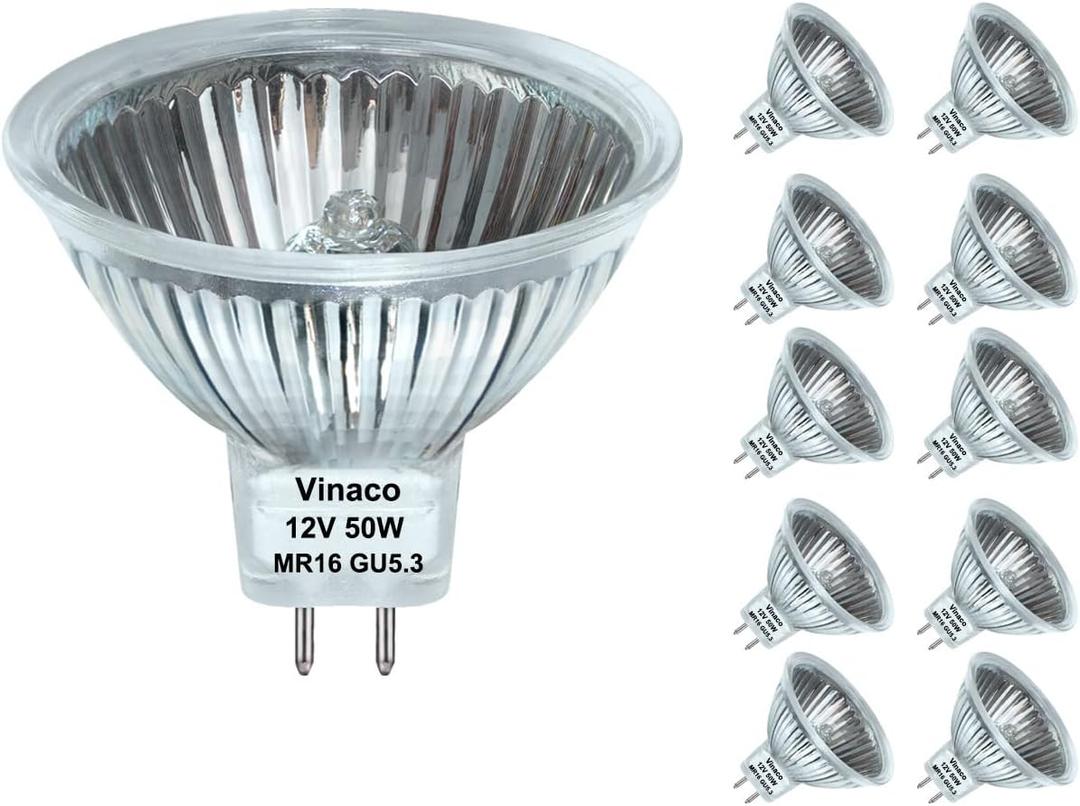 Vinaco MR16 Halogen Bulb 50W 12V, 10 Pack MR16 Bulb Dimmable, Long Lasting MR16 12V 50W Halogen, 2800K Warm White 50 W 12v Bulb with GU5.3 Base, for Landscape, Track Lights, and Fiber Optics
