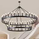 60-Inch Black Extra Large Wagon Wheel Chandelier, 2 Tier 54-Light Farmhouse Chandeliers Industrial Round High Ceiling Pendant Light for Dining Room, Living Room, Entryway, E12