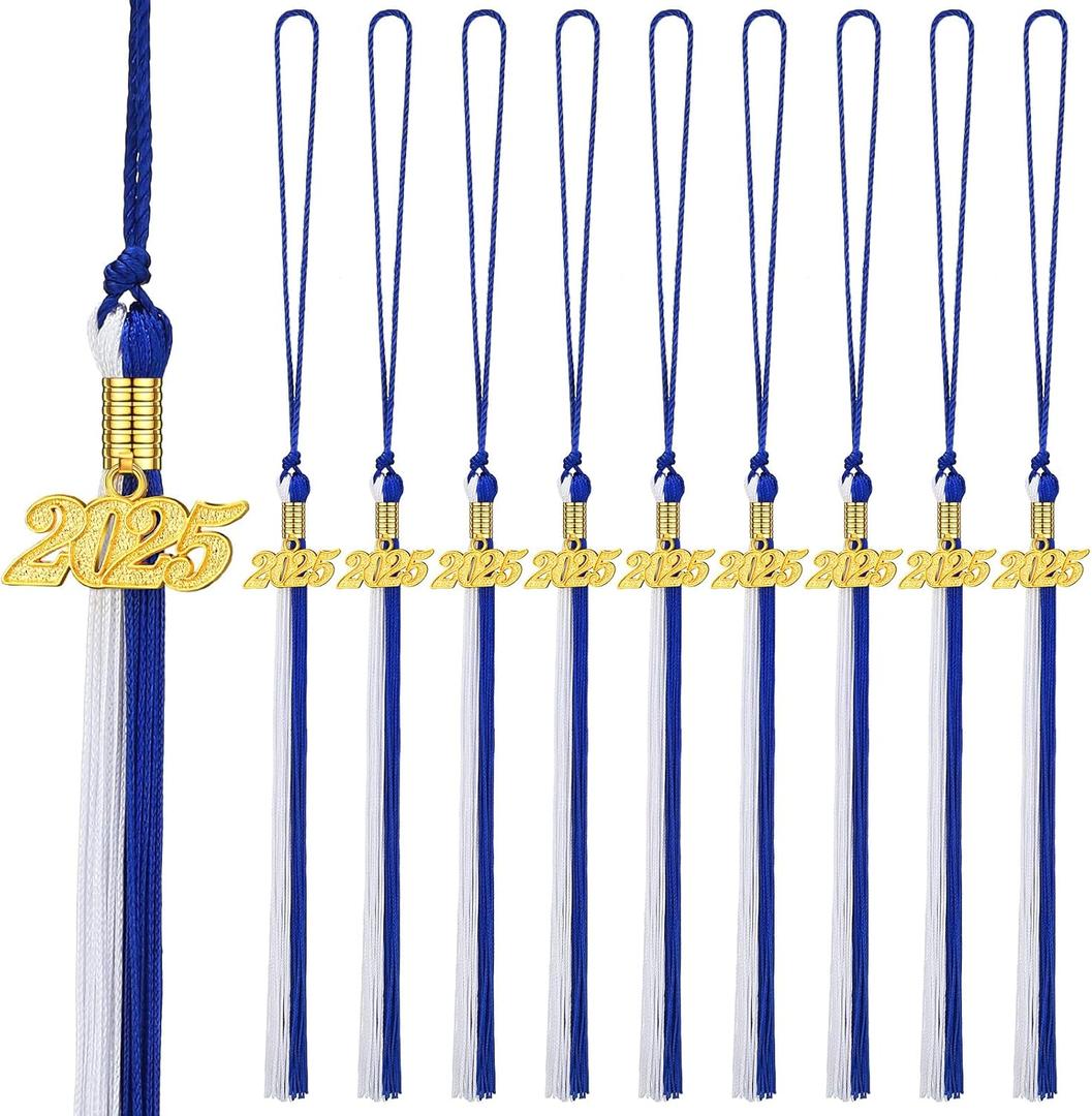 Chuangdi 10 Pieces 2025 Grad Graduation Tassels Graduation Cap Tassels with 2025 Charms Graduate Hat Decoration for School Party Favors(Blue and White)