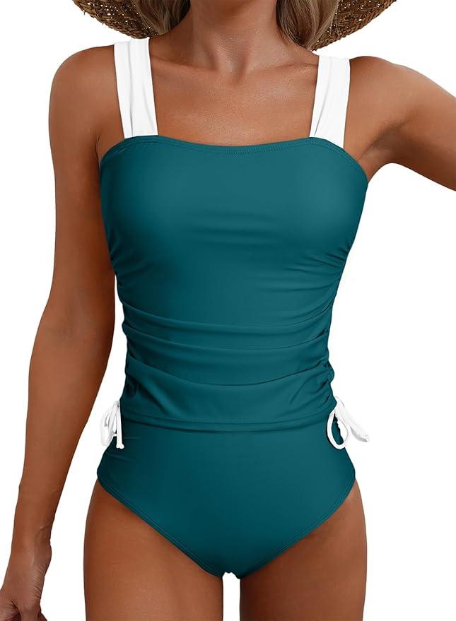 Aleumdr Womens Retro Ruched Two Piece Strappy Tummy Control Swimwear Tie Side Tankini Bathing Suit Set, Size L