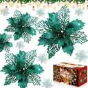 Poinsettia Christmas Decorations Flowers -12Pcs Artificial Poinsettia Christmas Tree Ornaments Glitter for Xmas New Year Wedding Party Wreath DIY Garland Decor (Dark Green)