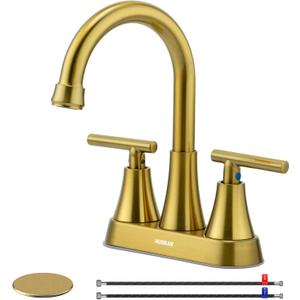 4 inch Brushed Gold Bathroom Sink Faucet with Pop-up Drain and 2 Supply Hoses, Stainless Steel Lead-Free 2-Handle Centerset Faucet for Bathroom Sink Vanity RV