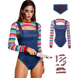 Halloween 4 Pcs Costume Set for Women Rainbow Stripe Long Sleeve Shirt and Shorts Set (Small, Blue)