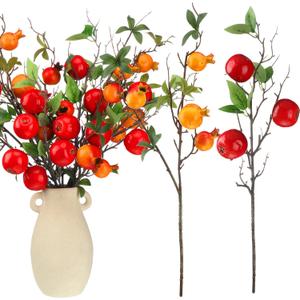 Giegxin 8 Pcs Rosh Hashana Artificial Pomegranate Apples Branches Realistic Fruit Bouquet Red Pomegranate Apple Stems Highly Simulation Lifelike Model for Vase Home Party Decoration DIY Floral Crafts