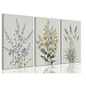 TUEASKY 3 Piece Canvas Wall Art Wildflower Wall Decor Botanical Pictures Floral Paintings Watercolor Prints Minimalist Artwork for Bedroom Bathroom Living Room