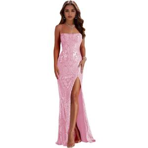 Women's Mermaid Sequin Prom Dresses with Slit Sparkly Spaghetti Straps Long Evening Dress Backless Cocktail Dresses (14, Pink)