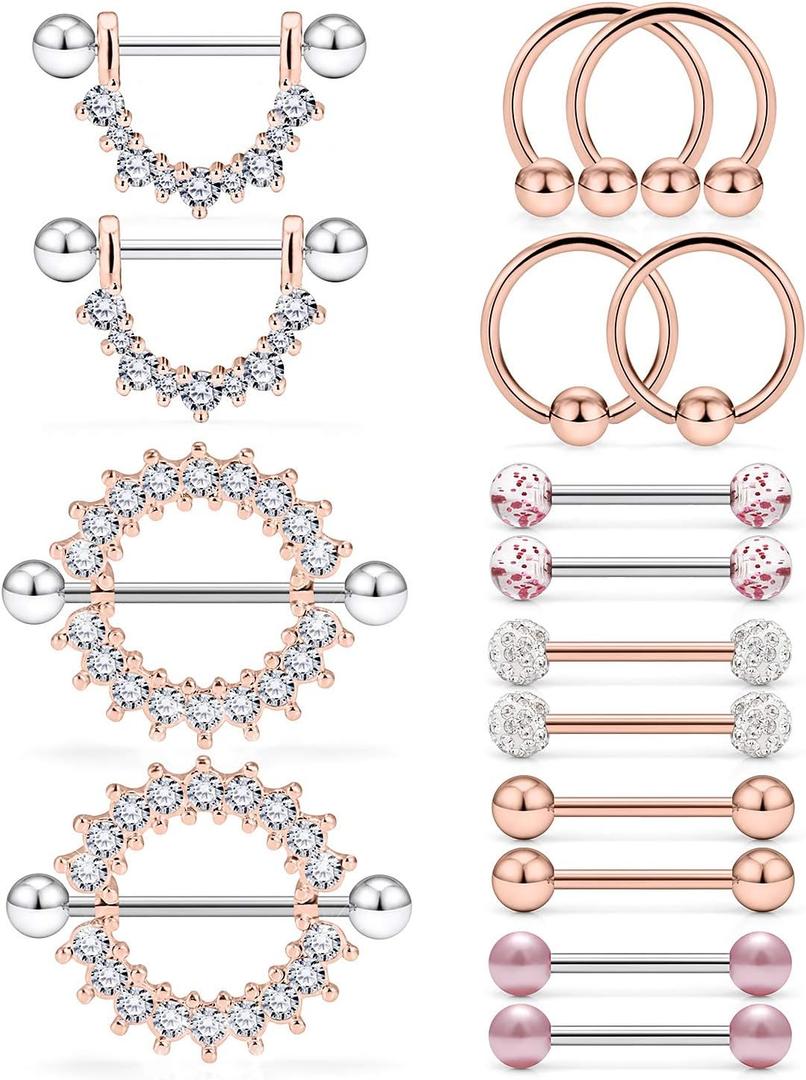 Ruifan 16G 9/16Inch Crystal Ball Nipple Tongue Tongue Shield Rings Stainless Steel Straight Barbell Body Piercing Jewelry Retainer