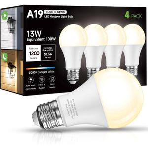 Dusk to Dawn Sensor LED Outdoor Light Bulb, Warm White 3000K, A19 13W(100 Watt Equivalent) Bright Porch Lighting, 1200LM, Auto-On/Off Photocell Sensor for Garage Yard Patio Garden-4 Pack