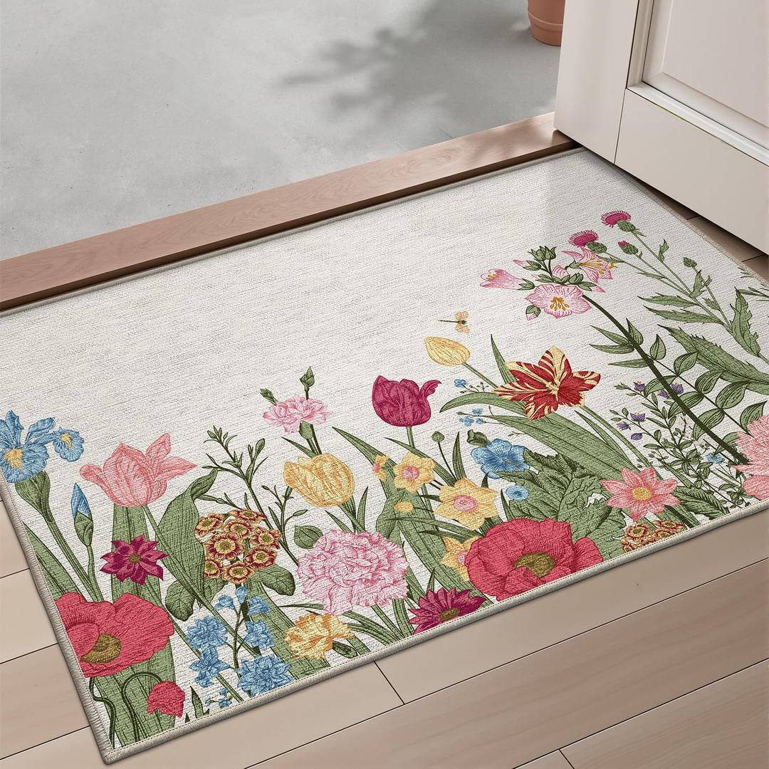 LUMI Indoor Door Mat 18x30 Non Slip Washable Entrance Mats Low Profile Ultra Thin Entryway Mat Floral Doormat for Inside House, Beige