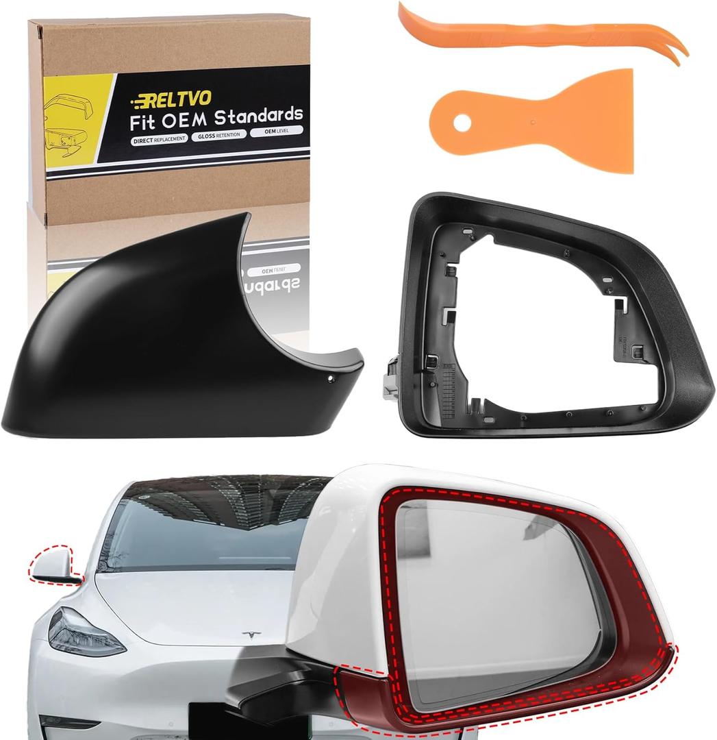 Compatible with Tesla Model Y 2020 2021 2022 2023 2024 Door Mirror Lower Holder Covers & Frame Set, Right Passenger Side (Black Cover + Frame Set, Model Y-R)