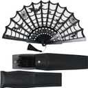 Goth Folding Fan - Black Lace Handheld Fan with Spooky Spider Web Design, Gothic Accessories, Coffin Carrying Sleeve, High Airflow Fabric, Perfect for Halloween Costume