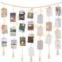 Mkono Macrame Hanging Photo Display Wall Decor with String Lights, Boho Wooden Beads Garland Collage Picture Card Frame Holder with 45 Clips for Bedroom Living Room Dorm, Teen Girls Christmas Gifts (Large, Ivory)