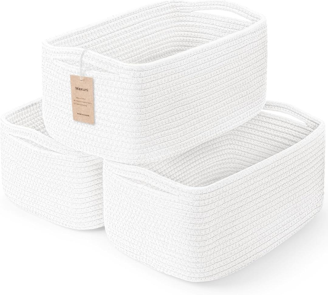 3-Pcs Shelf Baskets for Organizing, Closet Organizer Bins, Small Woven Baskets, Rope Toy Basket, Storage Basket for Shelves, Cube Decorative Box, 11.87.85.1, White