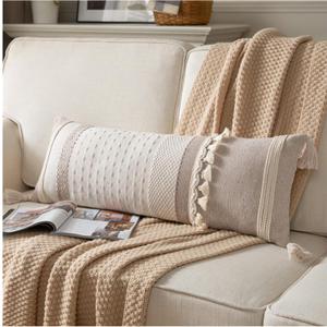 Caflife Boho Lumbar Throw Pillow Cover 14X36 Long Decorative Pillows for Bed, Taupe Beige Woven Body Pillow Cover for Farmhouse Chair Sofa Bedroom Living Room Home Decor Couch Cushion Case, Pack of 1