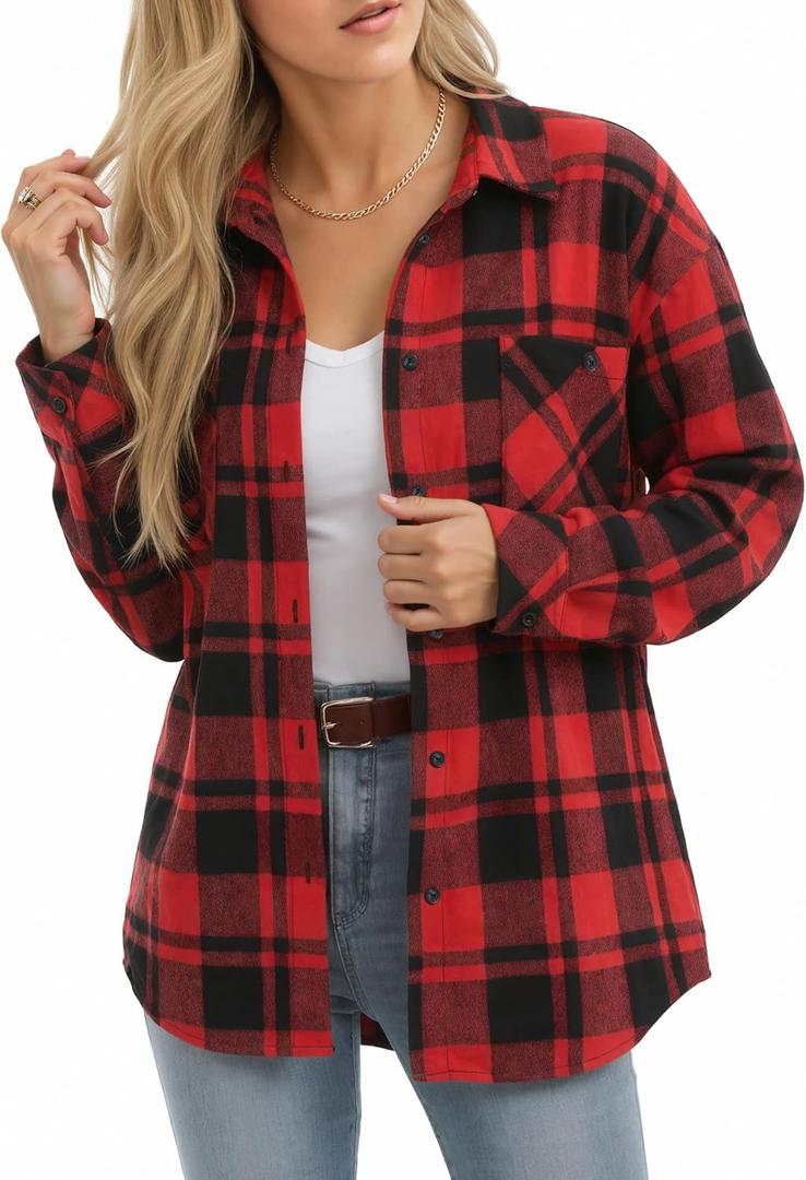 MANGOPOP Year-Round Flannel Shirt for Women - Lightweight Oversized Long Sleeve Button Down Plaid for Effortless Layering (Red, M)